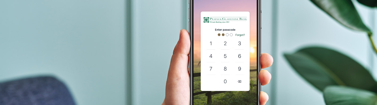 Holding the phone with Peapack-Gladstone Bank mobile app on screen.