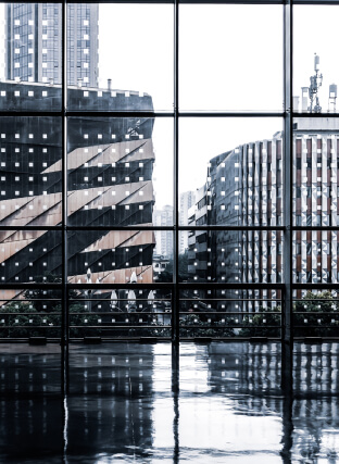 grid window looking at city